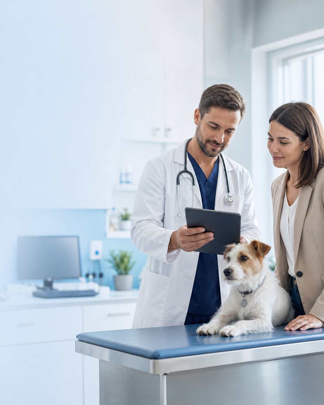 Veterinaria che accudisce un cane in ambulatorio